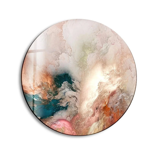 The focal point of the abstract alcohol ink art shows a mesmerizing swirl of colors in this hanging wall art, creating a captivating round glass wall decor piece.