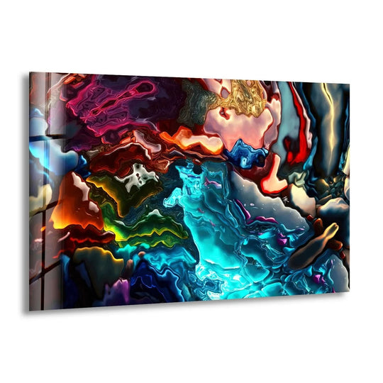 An abstract alcohol ink glass wall art with vibrant, multi-colored layers creating a sense of depth, perfect for home decor.
