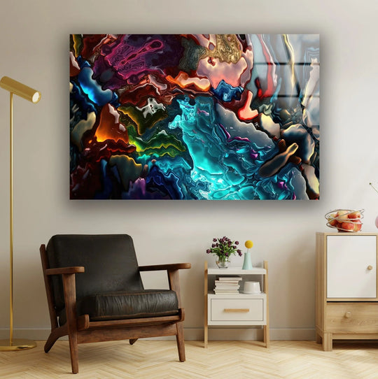 An abstract glass wall art featuring vibrant blues and blacks with flowing, glossy textures.