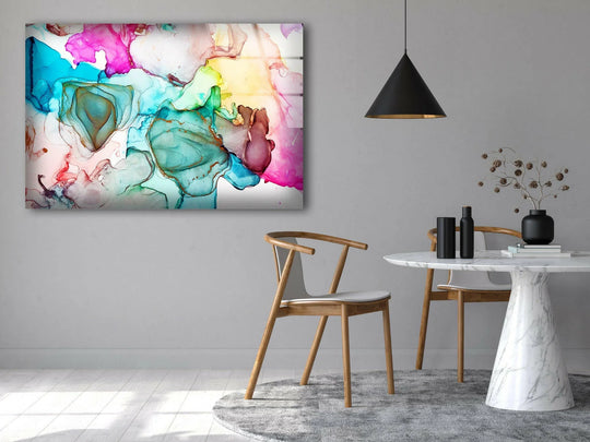 Fluid organic forms of vibrant blue drops on glass create unique modern wall decor.