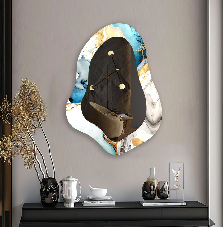 Mirror wall decor combining bold shapes and reflective surfaces to create a striking focal point
