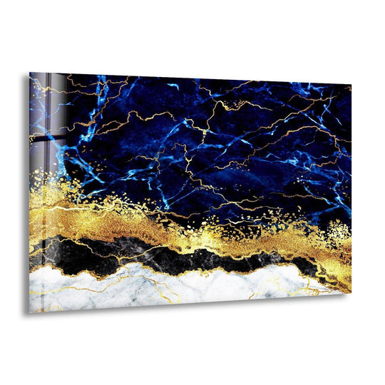 Vibrant, saturated navy blue marble swirls with electric blue and shimmering gold details are featured in this stunning print wall art.