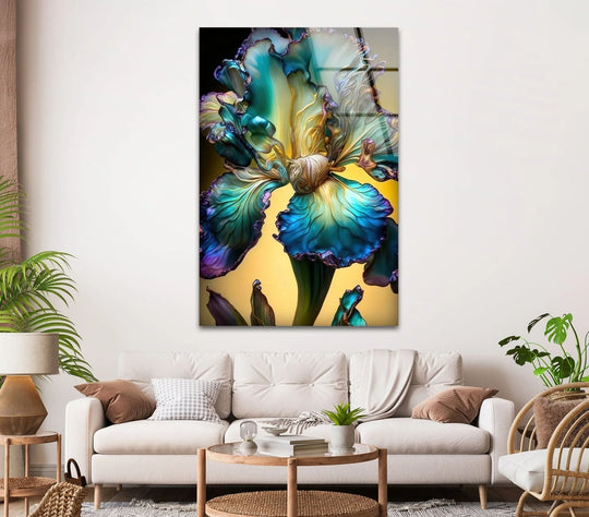 Swirling organic forms of an alcohol ink flower in vibrant teal and purple adorn this stunning glass wall art for home decoration.