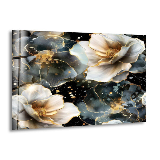 Abstract geometric patterns enhance this glass art painting of ethereal, golden-edged flowers.