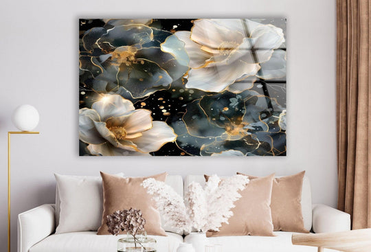 A close-up of deep navy, white, and gold alcohol ink floral glass wall art with saturated colors.