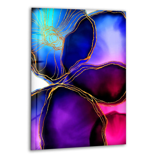 Golden edges frame the abstract glass wall art decor featuring flowing navy, purple, and pink alcohol ink blooms.