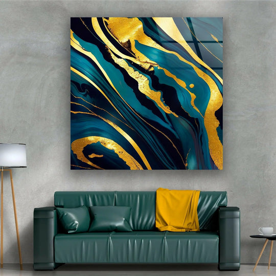Vibrant teal and deep navy abstract patterns create a striking color contrast with bold gold swirls in this stunning glass printing.