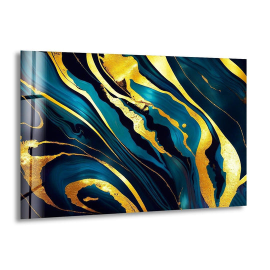 Striking contrast between deep navy and vibrant teal alcohol ink swirls with shimmering gold on this glass wall artwork.