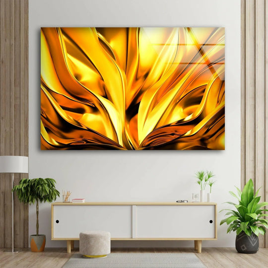 Abstract golden flow 3D glass print wall art, showcasing intricate realistic detail with luxurious warm tones.
