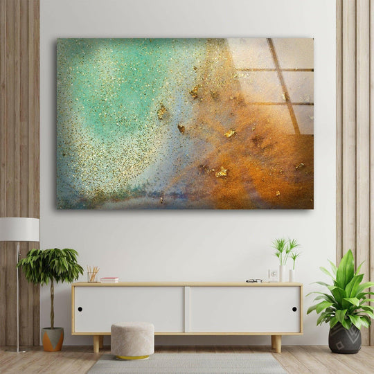 A mesmerizing alcohol ink pale green marble art from glass, showcasing a captivating layering effect of turquoise and gold.