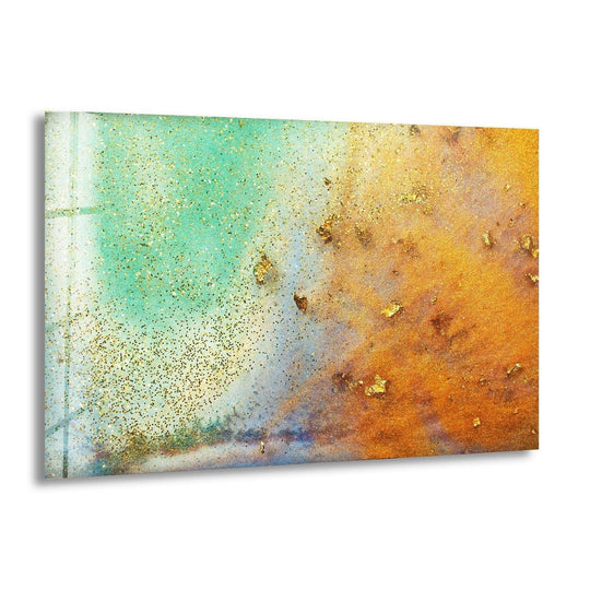Abstract glass wall art showcasing a mesmerizing layering effect of pale green marble and shimmering gold home decor.