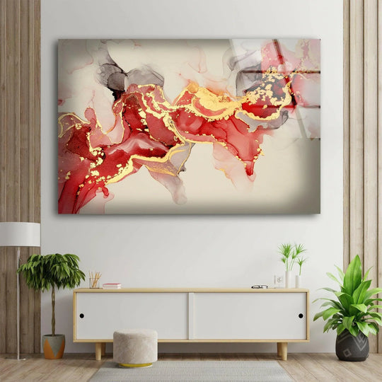 Warm red and gold abstract swirls dominate this striking alcohol ink glass wall art, perfect for home decor.