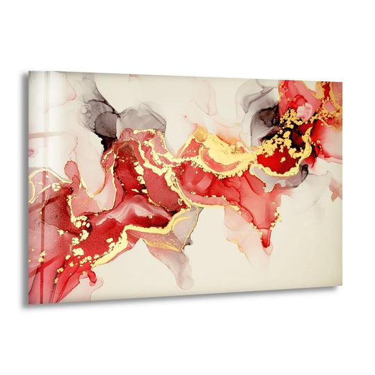 Minimalist glass art featuring flowing red and gold inks against ample negative space.