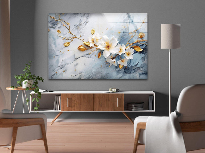 Alcohol Ink White Flower Glass Wall Art, custom glass pictures, glass art prints