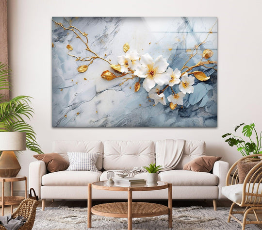 Horizontal rectangular print wall art displays alcohol ink white flower glass wall art.