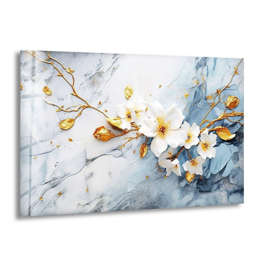 Showcasing the layering effect of art from glass, the alcohol ink design reveals a tempered glass wall art piece with elegant white flower details.