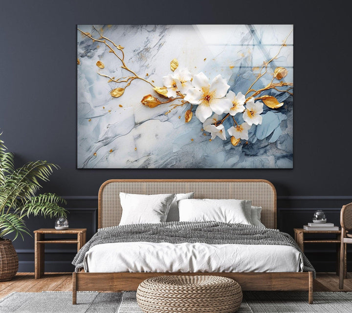 Alcohol Ink White Flower Glass Wall Art, glass pictures for Wall, glass prints wall art