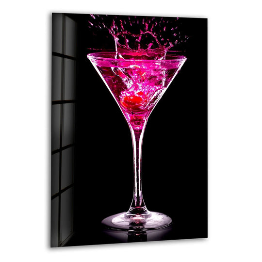 Vibrant pink cocktail splash glass wall art featuring a martini glass and glossy finish perfect for modern kitchen decor.