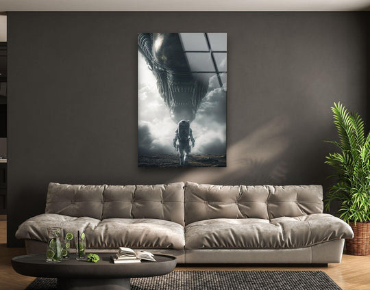 A sense of foreboding movement emanates from this astronaut facing a giant creature in dramatic decorative wall art, enhancing the sci-fi glass art's suspense.