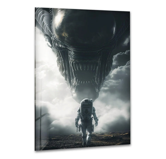 Gray dominates this glass hanging wall art, featuring an astronaut confronting a massive, dark creature amid cloudy skies.