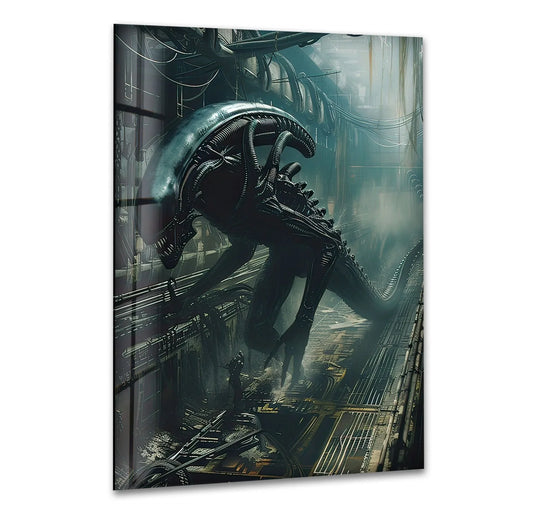 Vertical and rectangular, the industrial sci fi creature glass wall art presents a striking print wall art piece.