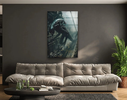 Dominating the scene, the industrial sci-fi creature showcased in this glass wall art prints piece brings a bold and dark aesthetic to any modern room.