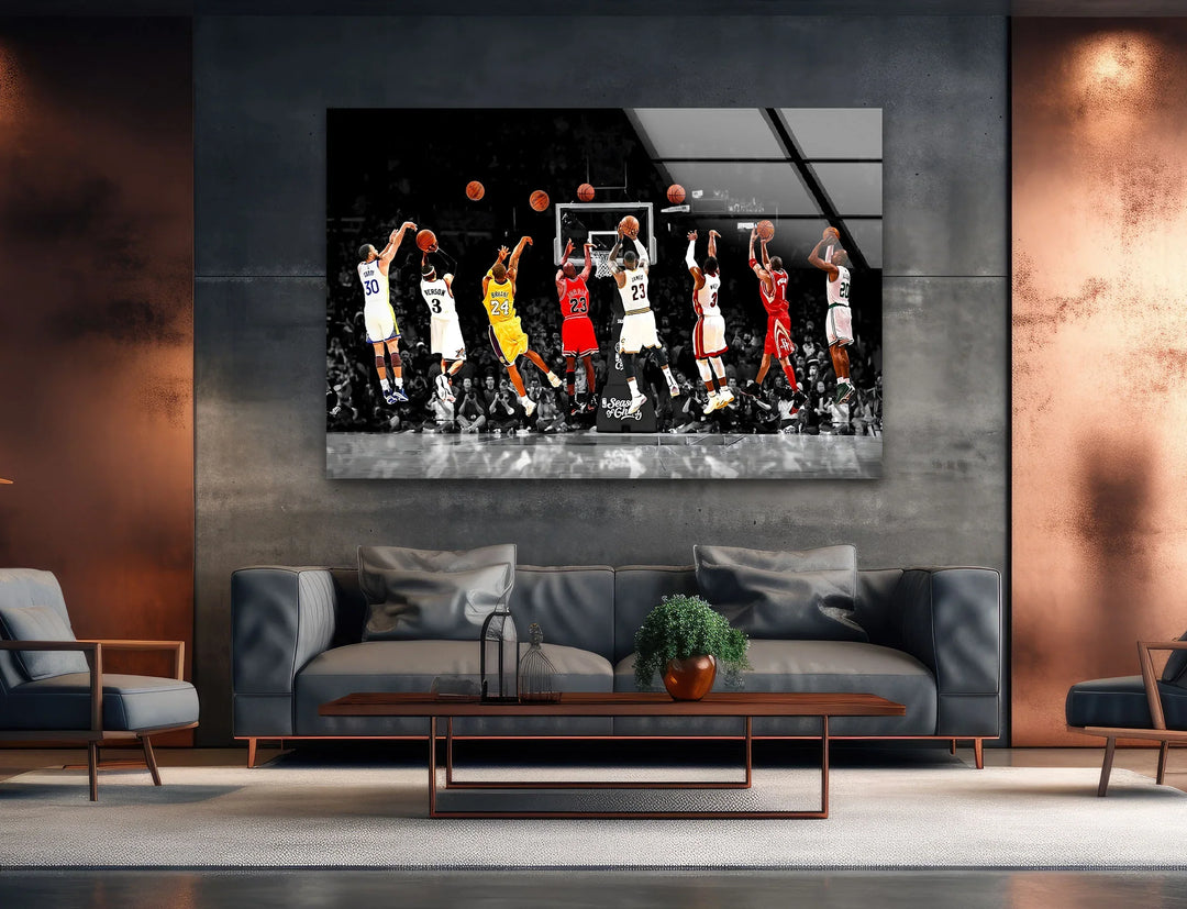 Legendary NBA players Curry, Iverson, Bryant, Jordan, James, Wade, McGrady, and Allen shooting in a synchronized artistic lineup.