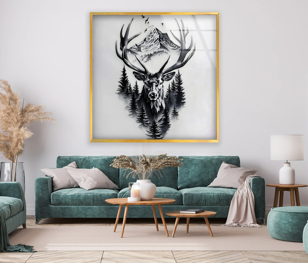 Glass wall art depicting a strong stag with forest textures and high rocky mountains. - MyPhotoStation