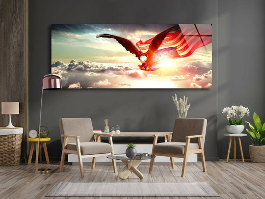 The transition between colors from the bright sunlight to the shadowed eagle is a stunning home decoration feature on this American Flag Eagle glass wall art.
