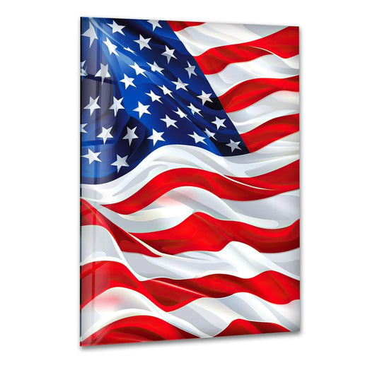 Vivid red and white stripes contrast sharply with the deep blue field of stars on this American Flag wall print.