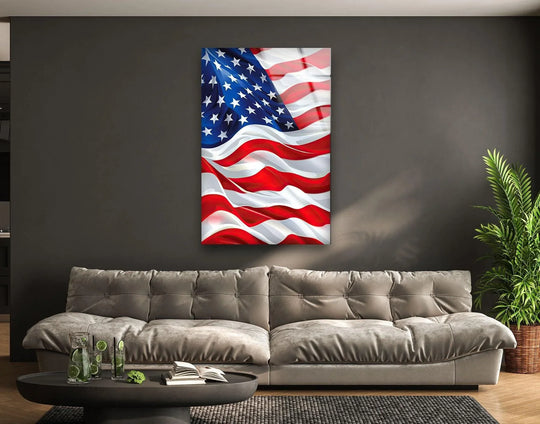 A vertical tall rectangular American flag glass art painting billows in graceful curves.
