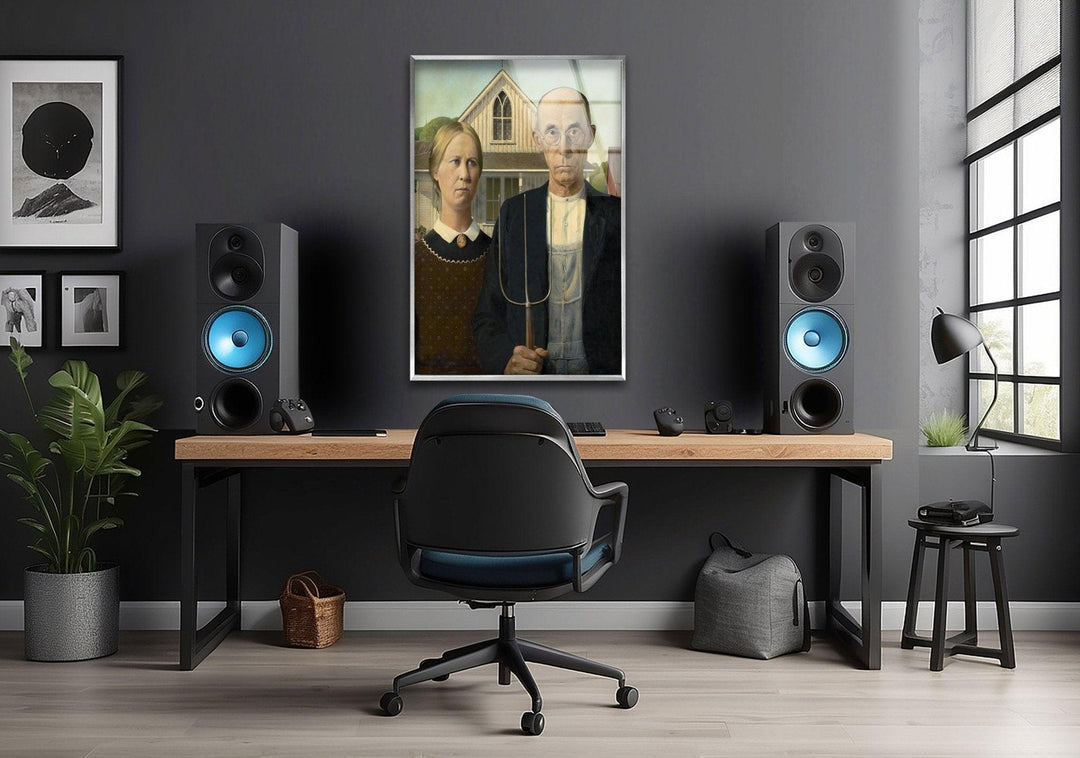 American Gothic Grant Wood Glass Wall Art picture on glass wall art, photos printed on glass
