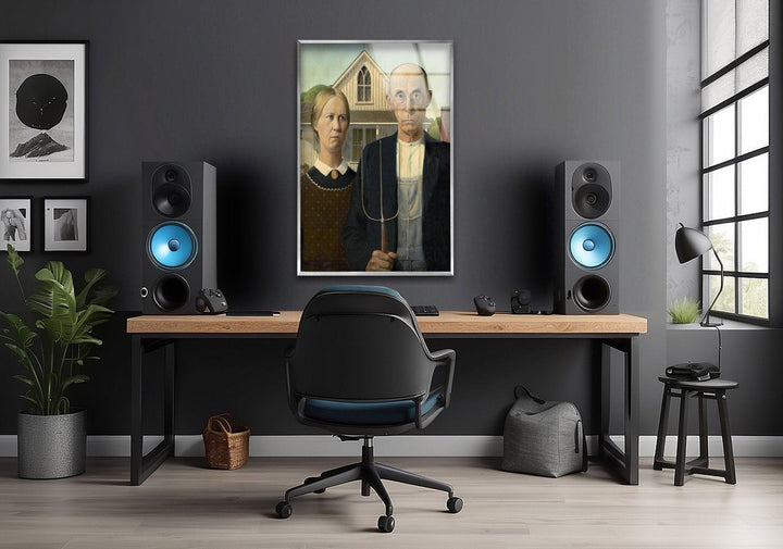 American Gothic Grant Wood Glass Wall Art picture on glass wall art, photos printed on glass
