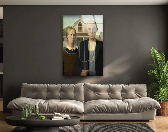 A geometric interpretation of the iconic American Gothic figures rendered on unique modern wall decor.