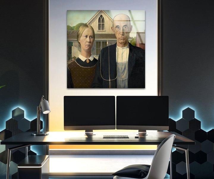 American Gothic Grant Wood Glass Wall Art custom glass photo prints, large glass prints
