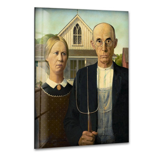 The loudest element is the imposing pitchfork held by the stern man in this American Gothic glass wall art print.