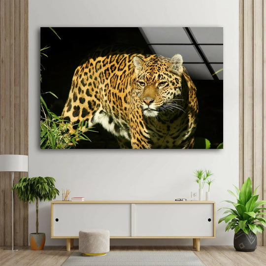 A close-up of a jaguar's spotted fur reveals the detailed texture of this vivid wall art prints.