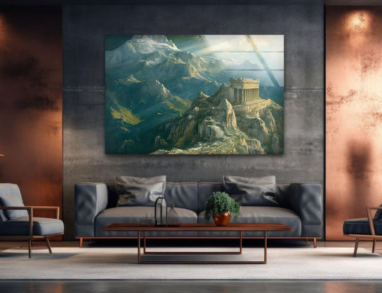 Thin, clear edges surround the ancient city landscape in this captivating glass wall artwork, while clean borders enhance the panoramic mountain view.