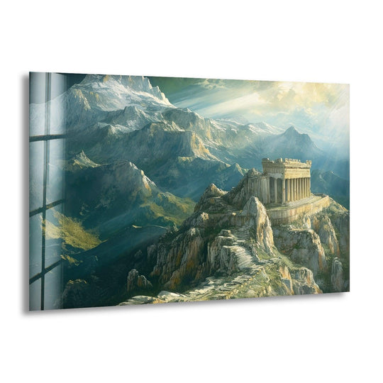 Defined by triangles of light and rectangular structures, this ancient city glass art showcases precise geometric elements in a mountain landscape.
