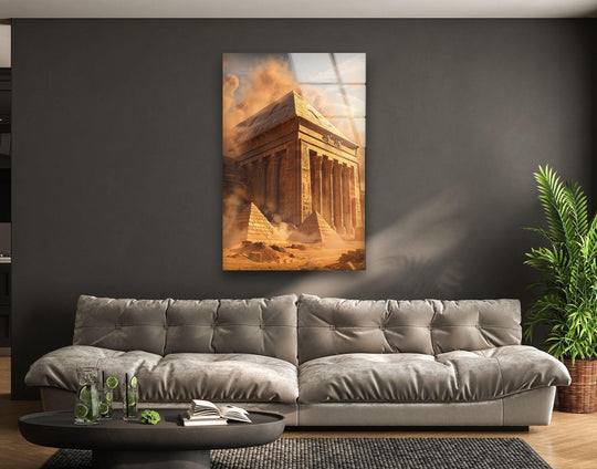 The stillness of ancient Egypt emanates from the print wall art depicting a grand temple and pyramids in this architectural glass wall art.