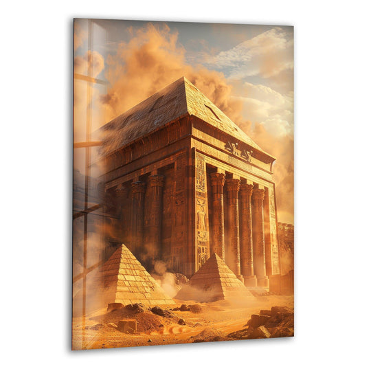 Awe-inspiring mood emanates from this Ancient Egyptian Architecture glass wall art, a captivating piece of home decoration depicting pyramids beneath a monumental temple.