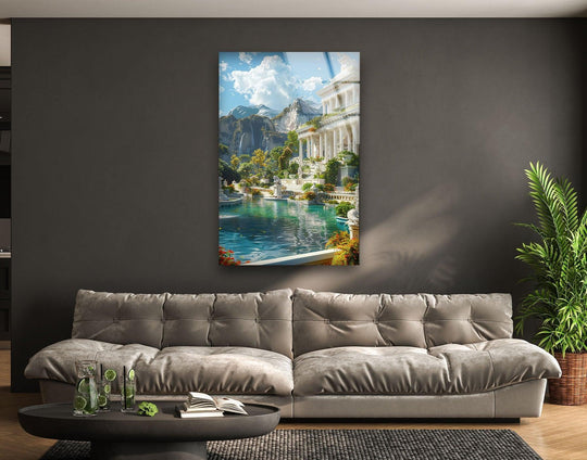 Highlighting the darkest area, this shows a refined living room featuring the Ancient Greece city view glass wall artwork, adding depth to the decor.