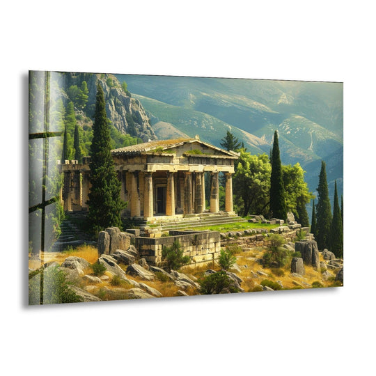 The stillness of the ancient Greek temple is captured in this glass wall art print, a serene piece of home decor.