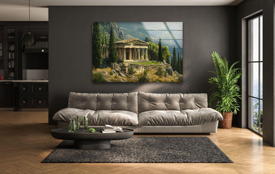 Calming ancient Greek temple glass wall art exudes a peaceful mood, enhancing home decoration with its architectural elegance and natural, muted landscape tones.