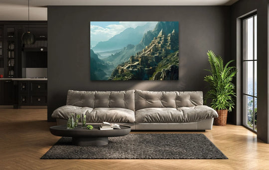 Tranquil is the mood created by the Ancient Indian City Glass Wall Art, a piece of unique modern wall decor that infuses any room with a serene, ethereal vibe.
