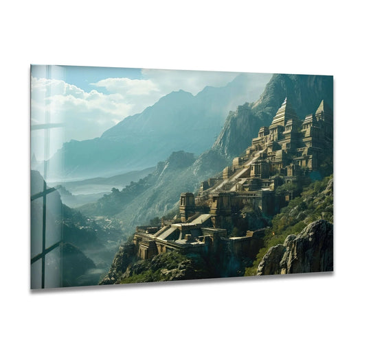 Shadowy depths define this ancient Indian city glass art, showcasing the intricate architecture perched high among misty, towering mountains.