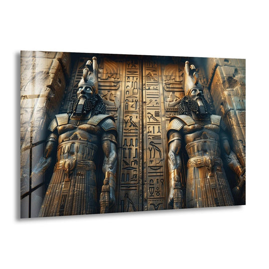Light and shadow accentuate the textured details of the Ancient Mesopotamia Guardian glass wall art prints, highlighting the depth and intricate carvings.