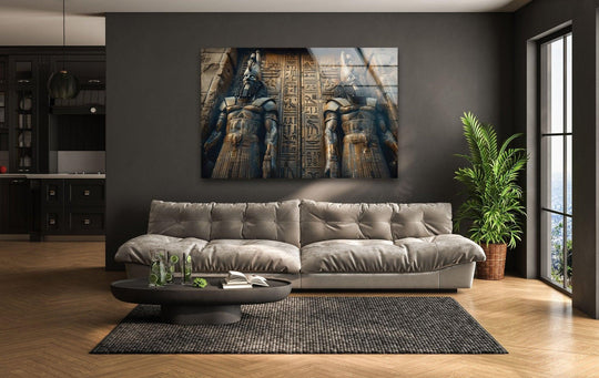 Featuring imposing figures and hieroglyphics, the loudest element of this Ancient Mesopotamia Guardian glass wall art highlights stunning wall prints.