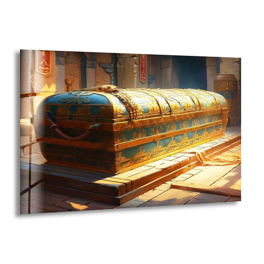 A warm, golden glow illuminates an ancient Egyptian sarcophagus, perfect for hanging wall art.