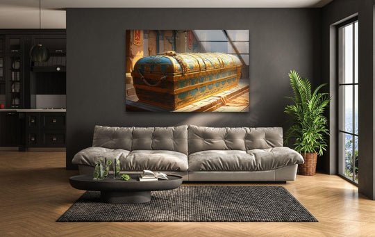 A rectangular glass printing of an ancient, ornate pharaoh's tomb chest with intricate gold and blue designs.